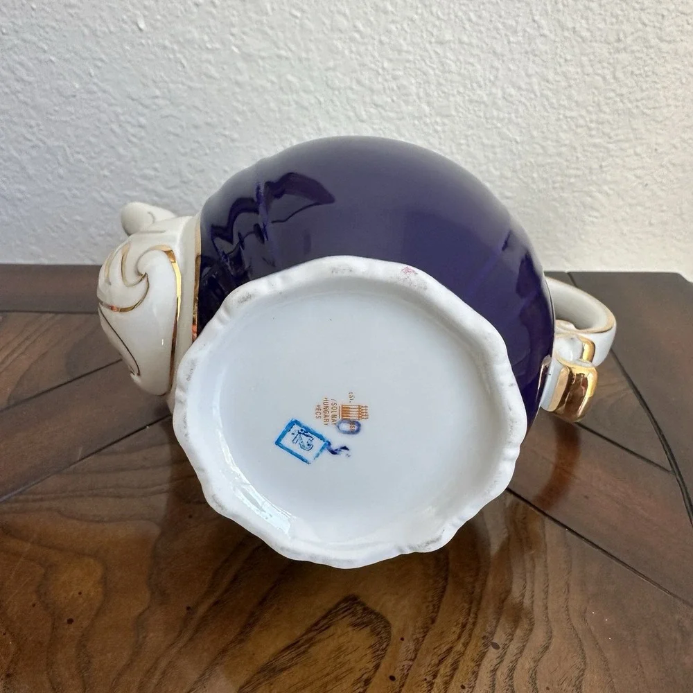 Zsolnay Hungary Pompadour‎ III Teapot 6.75 Inch Cobalt Blue 18kt Gilded Signed